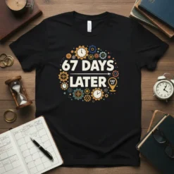Black t-shirt with "67 DAYS LATER" and "DAY 67" text surrounded by gears and clocks graphic