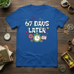 67 DAYS LATER text design with Spongebob-inspired elements, clock, and calendar