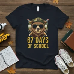 67 Days of School t-shirt design featuring a cool bear wearing sunglasses and a camouflage hat, holding pencils