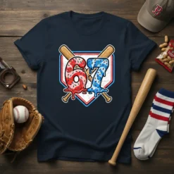 The number 67 designed as dripping donuts with red and blue icing, set against a baseball home plate graphic with
