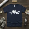 Navy t-shirt with white "67" and heartbeat graphic; milestone birthday gift for 1967 born