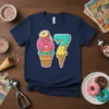 Navy blue t-shirt featuring the number 67 designed as ice cream cones and donuts, with sprinkles
