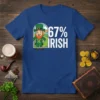 67% IRISH t-shirt design with a winking leprechaun in a green hat and suit, standing in front of a rainbow