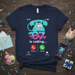 T-shirt with "67 is calling..." text and a retro teal rotary phone graphic, representing a 67th birthday