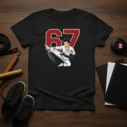 Black t-shirt featuring the number 67 in red and white with a cartoon karate fighter mid-kick