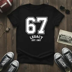 Black t-shirt with white "67 LEGACY EST. 1967" text in a collegiate style, perfect for a 1967 birth year legacy