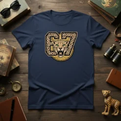Navy t-shirt with bold black and gold '67' design featuring a fierce leopard's head with green eyes and leopard print