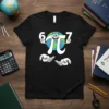 Black t-shirt featuring the 67π design with a smiling pi symbol and the numbers 6 and 7