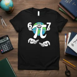 Black t-shirt featuring the 67π design with a smiling pi symbol and the numbers 6 and 7