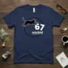 Navy t-shirt with black cat jumping next to "67 mischief" text inside a circle