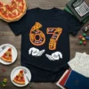 67 Pizza Math T-Shirt design with pizza slices integrated into numbers and equations like P+? and 5*X=75