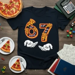 67 Pizza Math T-Shirt design with pizza slices integrated into numbers and equations like P+? and 5*X=75