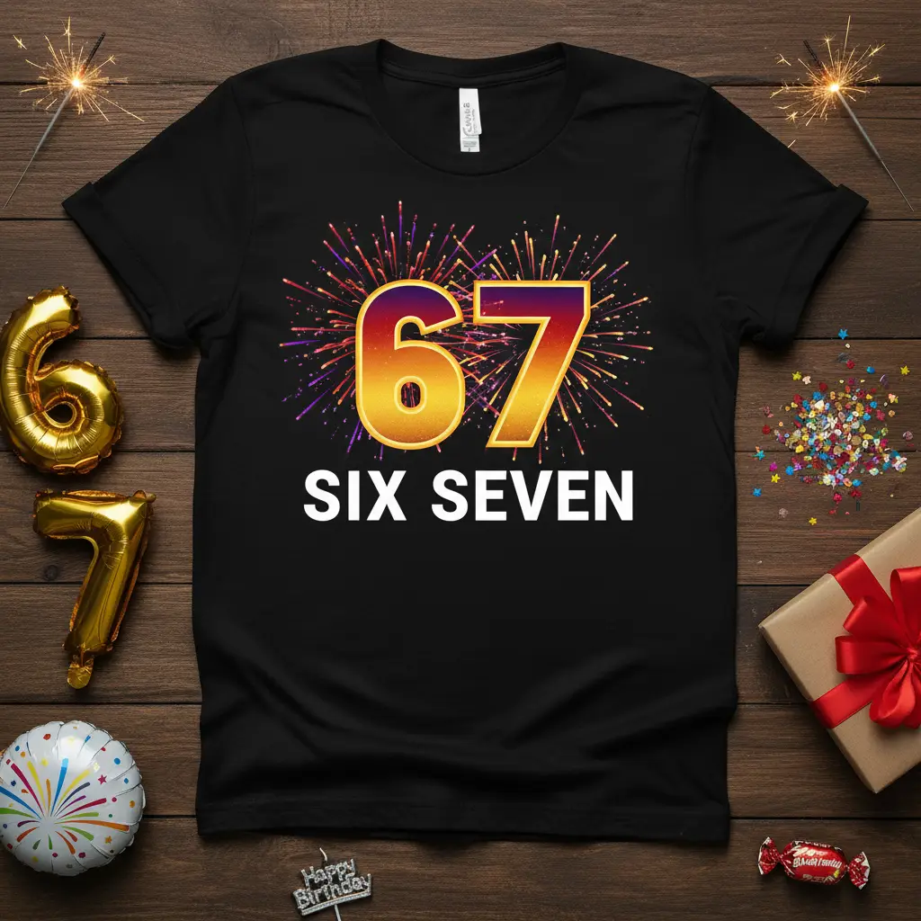 67 SIX SEVEN birthday t-shirt design with golden number 67 and fireworks graphic