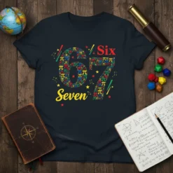 6/7 Six Seven t-shirt design with colorful pi symbols forming the numbers and words "Six" and "Seven"