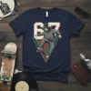 67 Skater graphic t-shirt design featuring a vintage number 67 and a stylized skater performing a trick