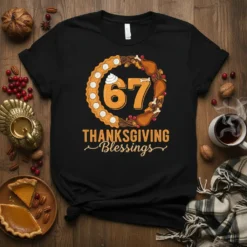 67 Thanksgiving Blessings text with pie and turkey legs graphic on black t-shirt