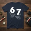 Vintage "67" text design with outstretched hands graphic on a navy blue t-shirt, perfect for a 67th birthday gift