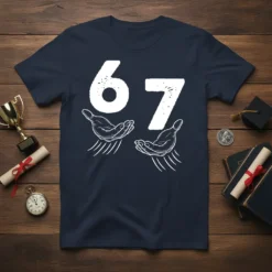 Vintage "67" text design with outstretched hands graphic on a navy blue t-shirt, perfect for a 67th birthday gift