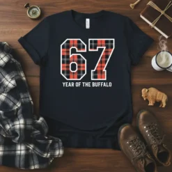 67 Year of the Buffalo t-shirt with plaid numbers and text, featuring a buffalo graphic