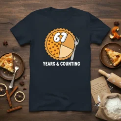 67 Years & Counting t-shirt with a pie graphic and fork, celebrating a 67th birthday