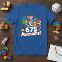 Blue t-shirt design featuring the text "675 Awesome!" with building blocks, a rocket ship, and crayons