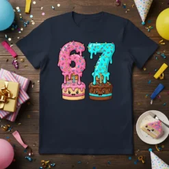 A navy t-shirt featuring the number 67 designed as dripping donuts and cakes, with sprinkles and candles, for a 67th