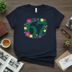 Green number 67 surrounded by a floral wreath with pink and yellow flowers and green leaves on a navy t-shirt