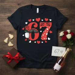 Black t-shirt with large red number 67, featuring a mustache, rose, and hearts. Designed for a 67th birthday gift
