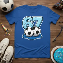 Graphic t-shirt design featuring the number 67 styled like a blue donut with sprinkles, and two soccer balls below, on