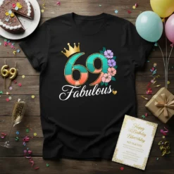 Black t-shirt with "69 Fabulous" text, a gold crown, and colorful flowers for a 69th birthday theme