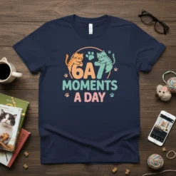 Navy t-shirt with "6A7 Moments A Day" text and cute cartoon cats and paw prints