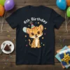 6th Birthday t-shirt featuring a cute cartoon cheetah wearing a party hat and holding balloons, with text that says "6th