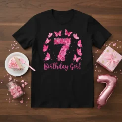 Black t-shirt with "7 Birthday Girl" text and pink floral number 7 surrounded by butterflies, perfect for a 7th birthday
