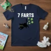 Navy t-shirt with white text "7 FARTS" above a black cat cartoon emitting green gas clouds