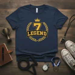 Navy blue t-shirt with gold "7 LEGEND" text and crown graphic, celebrating a 7th birthday