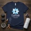 Navy blue t-shirt with "7 LOTUS MASSAGE + WELLNESS GRAPEVINE, TEXAS 775.442.4045" text and a blue lotus logo