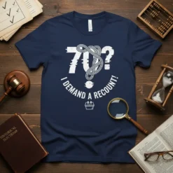 Navy blue t-shirt with white text "70? I Demand A Recount!" and an election ballot box graphic