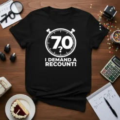 Black t-shirt with white text "70? I Demand A Recount!" inside a stopwatch graphic, celebrating a 70th birthday
