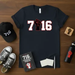 Navy t-shirt with bold white and red "716" design featuring a black raised fist graphic