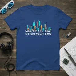 T-shirt with cityscape graphic and code '7440 C8512 85 85A M14902 M6237 G490' in white text