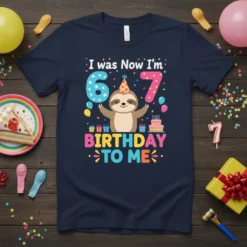 I was Now I'm 6 7 BIRTHDAY TO ME text with a cute sloth wearing a party hat on a