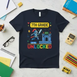 7th Grade Level Unlocked t-shirt featuring pixel art knight, castle, and text