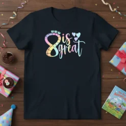 8 is great t-shirt design with colorful number 8 and pastel hearts, perfect for an 8th birthday celebration