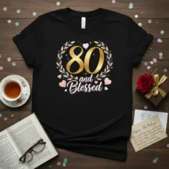 Black t-shirt with "80 and Blessed" text design, featuring gold numbers and floral wreath with pink hearts