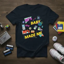 80's Baby 90's Made Me graphic t-shirt featuring retro icons and bold typography