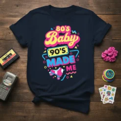 80's Baby 90's Made Me retro t-shirt with colorful 80s and 90s inspired graphics and roller skate