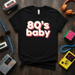 Black t-shirt with white, pink, and yellow layered text reading "80's baby", a retro 80s design