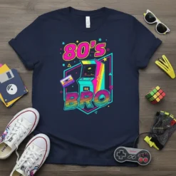 80's Bro T-Shirt with neon arcade machine and cassette tape graphic, retro 80s design