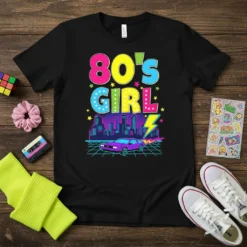 80'S GIRL text in bright neon colors with a retro cityscape and purple car graphic