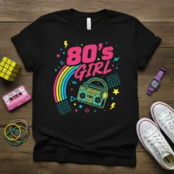 Black t-shirt with "80's Girl" text, rainbow, and retro boombox graphic in neon colors